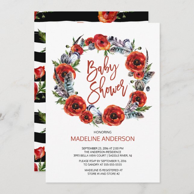 Boho Feathers Poppy Floral Fall Baby Shower Invitation (Front/Back)