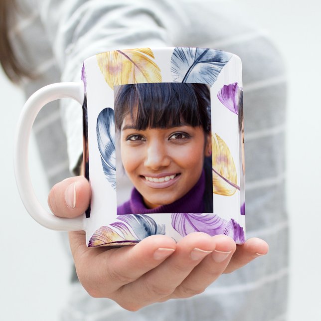 Boho feathers purple yellow white photo coffee mug (Creator Uploaded)