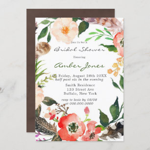 Boho Feathers Red Poppy Bridal Shower Invitation