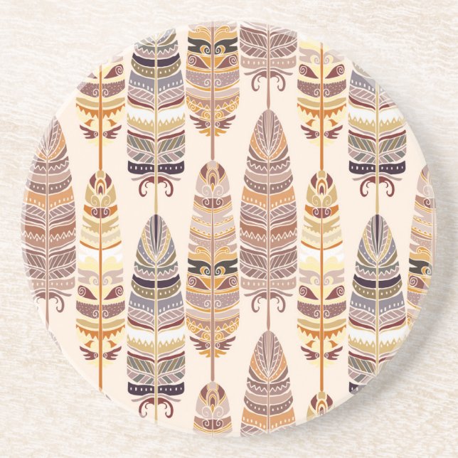Boho Feathers: Tribal Seamless Pattern Coaster (Front)