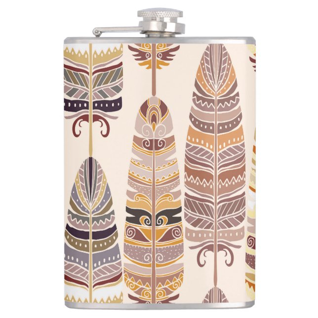 Boho Feathers: Tribal Seamless Pattern Hip Flask (Front)