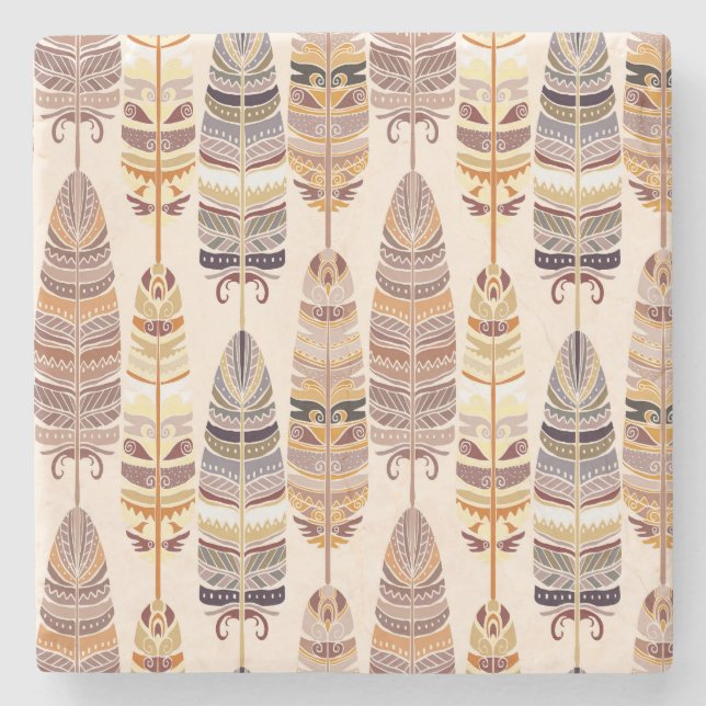 Boho Feathers: Tribal Seamless Pattern Stone Coaster (Front)