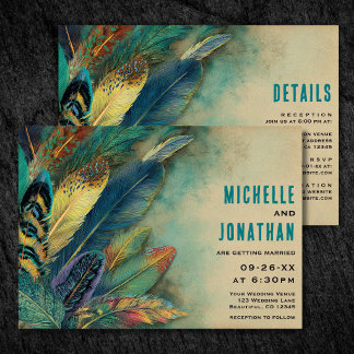 Boho Feathers | Turquoise Teal All in One Wedding Invitation
