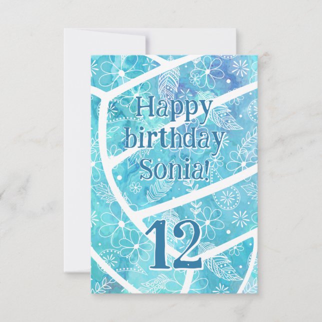 boho feathers turquoise volleyball birthday card (Front)