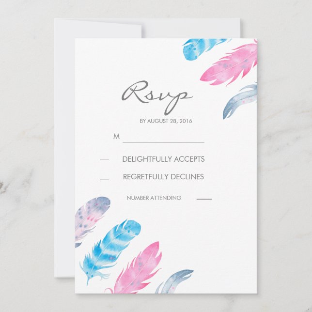 Boho Feathers Watercolor Wedding RSVP Cards (Front)