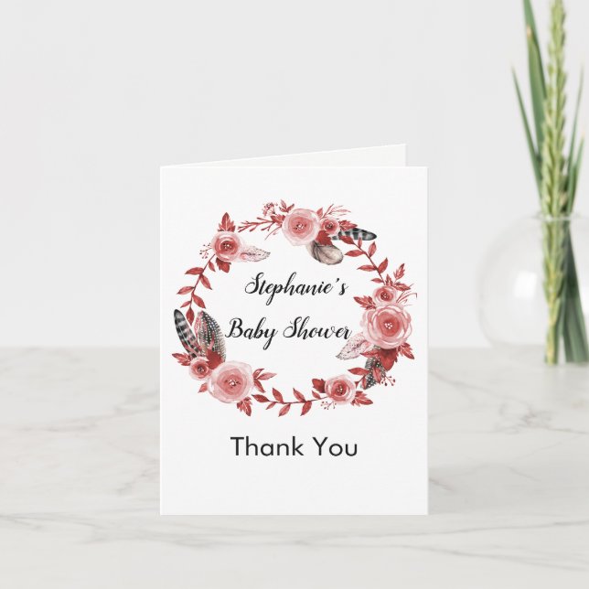 Boho Feathers Wreath Baby Shower Thank You Card (Front)