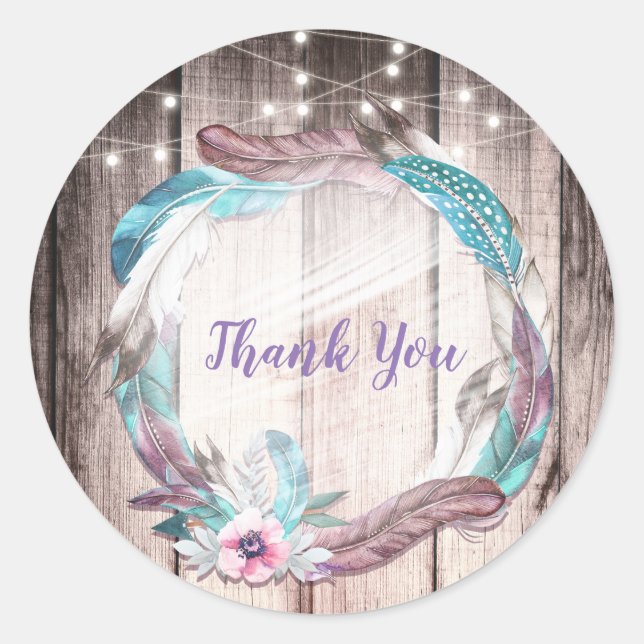 Boho Feathers Wreath & String Lights Bridal Shower Classic Round Sticker (Front)