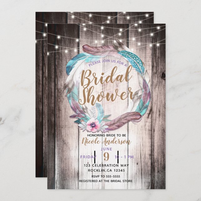 Boho Feathers Wreath & String Lights Bridal Shower Invitation (Front/Back)