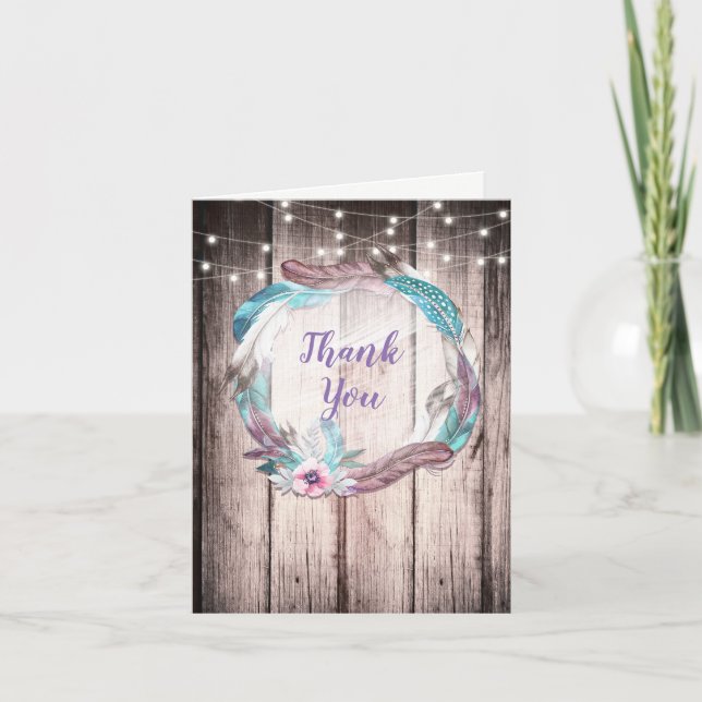 Boho Feathers Wreath & String Lights Thank You Card (Front)