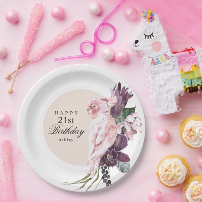 Boho Feminine Tropical Pink Parrot 21st Birthday Paper Plate (Party)