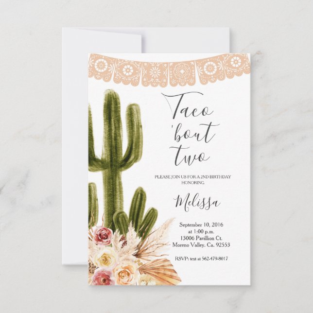 Boho Fiesta Taco 'bout Two Birthday Invite (Front)