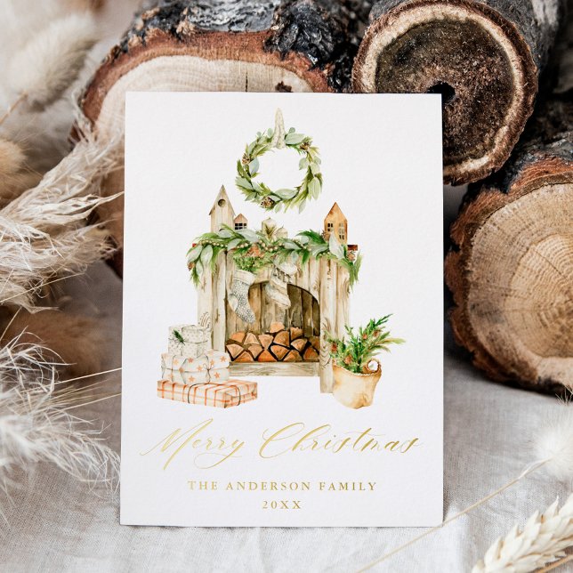 Boho Fireplace With Greenery Foil Holiday Card (Creator Uploaded)