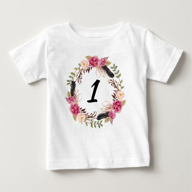 Boho First Birthday Pretty 1st Year Floral Girly Baby T-Shirt (Front)