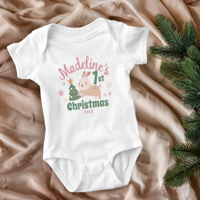 Boho First Christmas with Cute Rabbit, Tree, Name Baby Bodysuit (Creator Uploaded)
