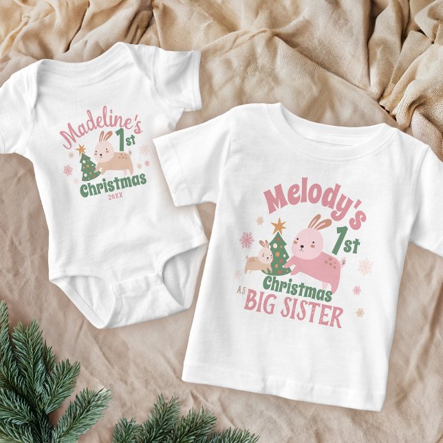 Boho First Christmas with Cute Rabbit, Tree, Name Baby T-Shirt (Creator Uploaded)