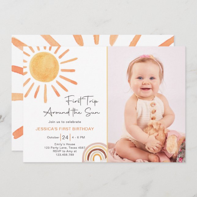 Boho First Trip Around The Sun 1st Birthday Invita Invitation (Front/Back)