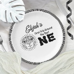 Boho First Trip Around the Sun 1st Birthday Party Paper Plate<br><div class="desc">Introducing the Boho First Trip Around the Sun 1st Birthday Party template! This enchanting design captures the essence of celebration, blending elements of Aztec-inspired line art and the contemporary charm of the Japandi Scandinavian style. At the heart of this design is a captivating Aztec-style line art sun, intricately designed to...</div>