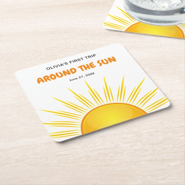 Boho First Trip Around the Sun 1st Birthday Square Paper Coaster (Angled)