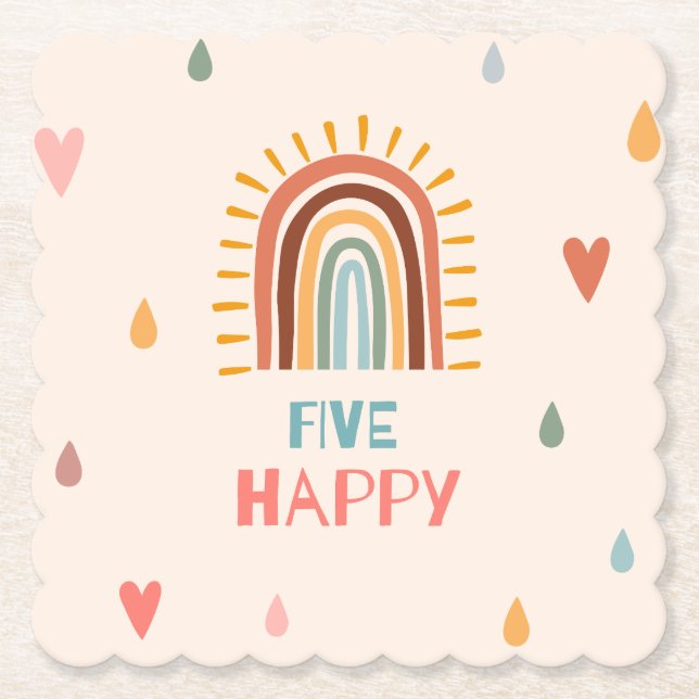 Boho Five Fifth Birthday Rainbow  Paper Coaster (Front)