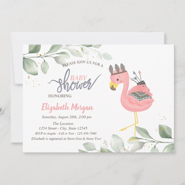 Boho Flamingo Leaves Baby Shower Invitation (Front)