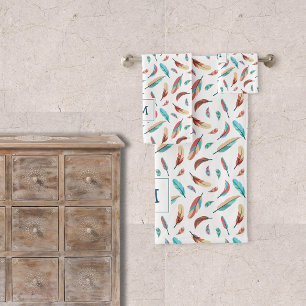 Boho Floating Feathers Pattern Monogrammed Bath Towel Set