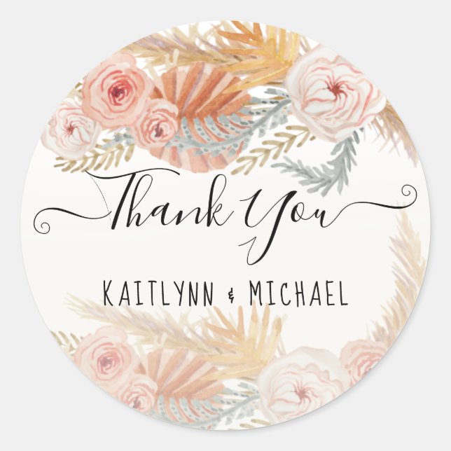 BOHO Flora Pampas Grass Foliage Jungle Thank You Classic Round Sticker (Front)