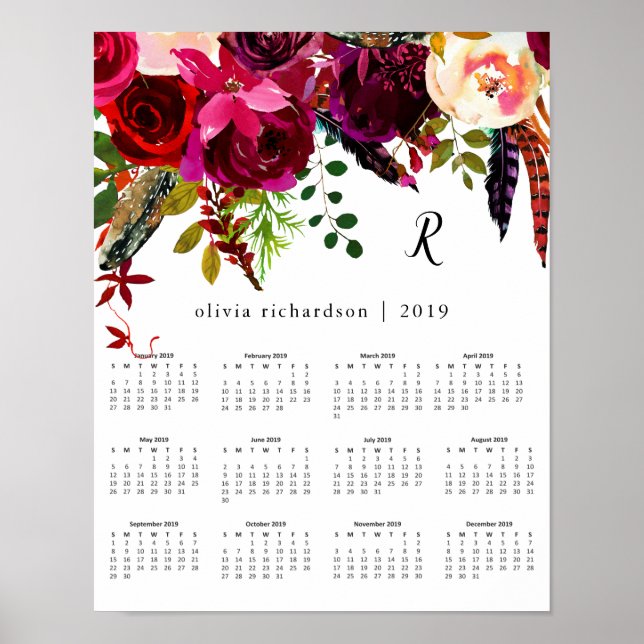 Boho Floral | 2019 Calendar with Monogram Poster (Front)