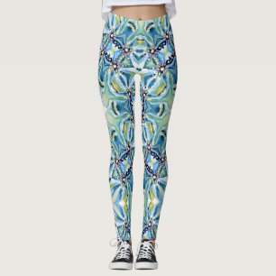 Boho Floral Abstract Pattern Artistic Blue Gren Leggings