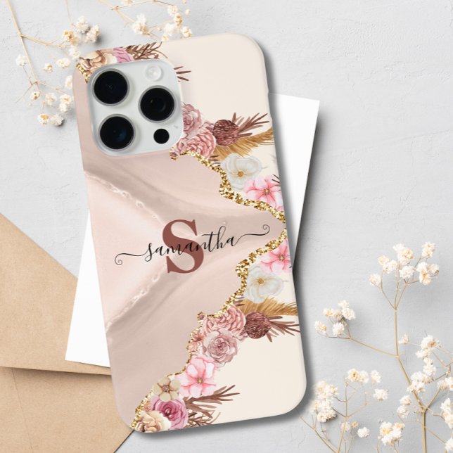 Boho Floral Agate Rose Gold Pink Monogrammed Case-Mate iPhone Case (Creator Uploaded)