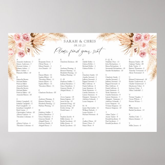Boho Floral Alphabetical order seating chart (Front)