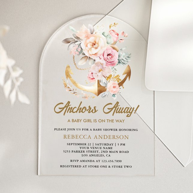 Boho Floral Anchor Nautical Girl Arch Baby Shower Acrylic Invitations (Creator Uploaded)