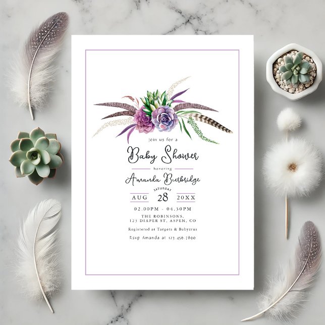 Boho Floral and Feather Baby Shower Invitation (Boho Floral and Feather Baby Shower Invitation)