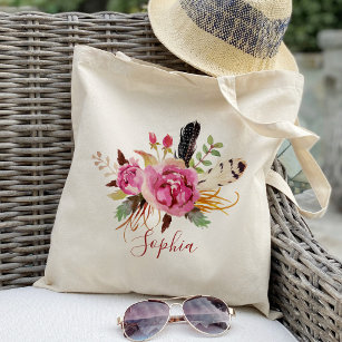 Boho floral and feather Bridesmaid Personalised Tote Bag