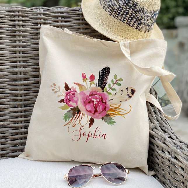 Boho floral and feather Bridesmaid Personalised Tote Bag (Creator Uploaded)