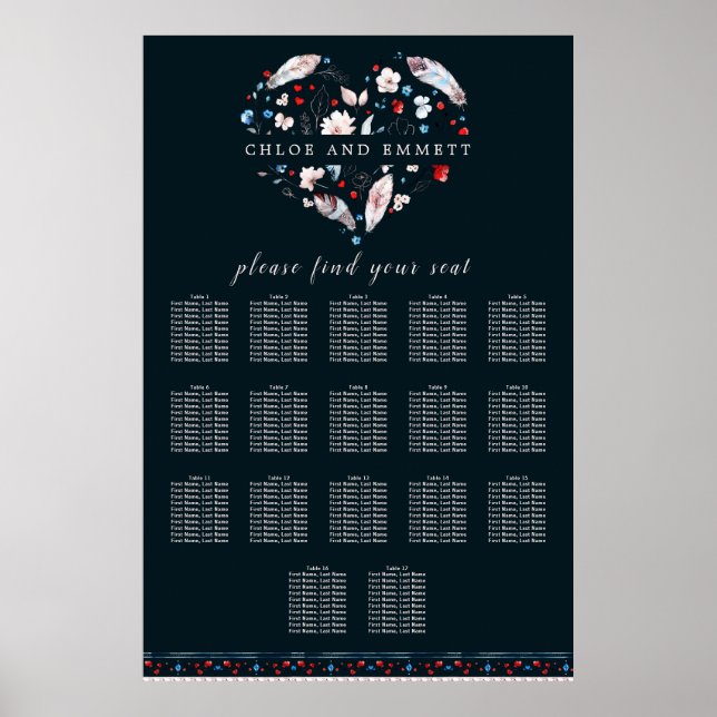 Boho Floral and Feathers 17-Table Seating Chart (Front)