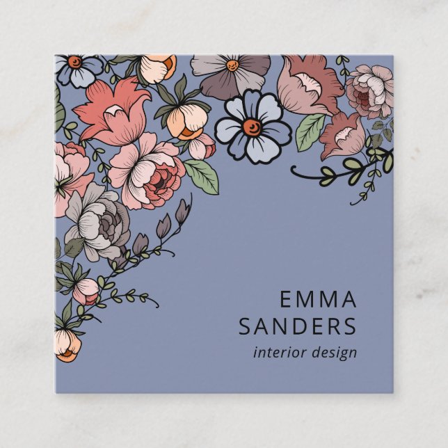 Boho Floral And Foliage Dusty Blue Square Business Card (Front)