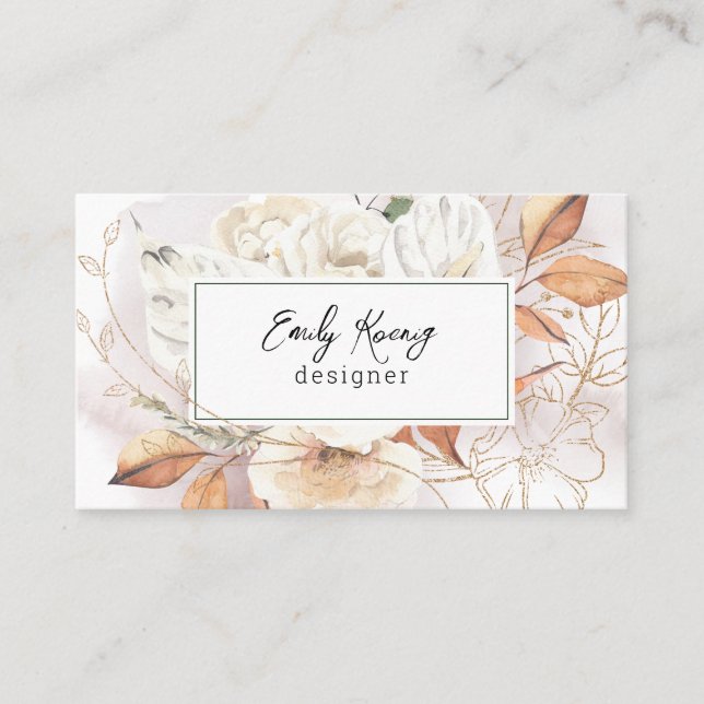 Boho Floral and Gold Tracery Business Card (Front)