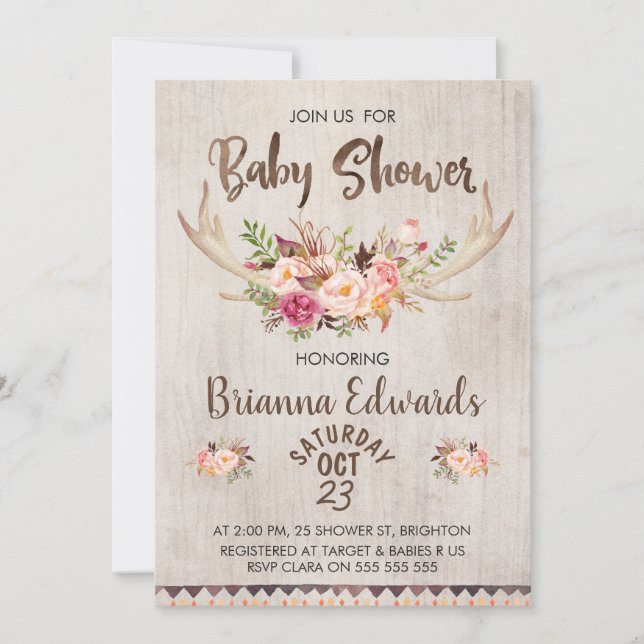 Boho Floral Antlers Baby Shower Invitation (Front)