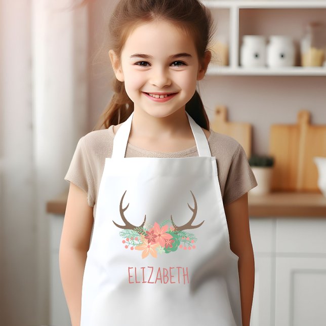 Boho Floral Antlers Cute Personalised Kids Apron (Creator Uploaded)