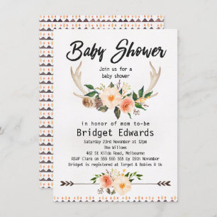 Boho Floral Antlers Neutral Baby Shower Invitation