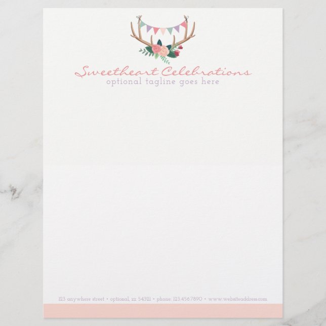 Boho Floral Antlers & Shabby Roses Party Bunting Letterhead (Front)