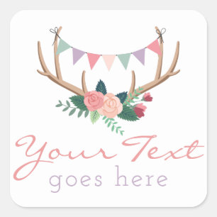 Boho Floral Antlers & Shabby Roses Party Bunting Square Sticker