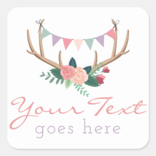 Boho Floral Antlers & Shabby Roses Party Bunting Square Sticker