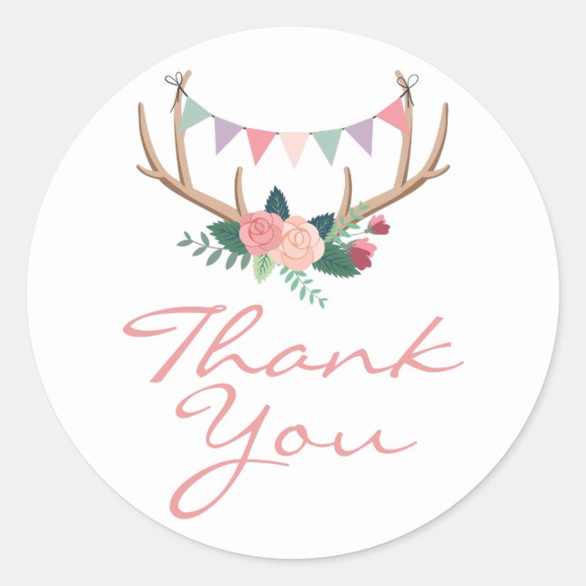 Boho Floral Antlers & Shabby Roses Party Thank You Classic Round Sticker (Front)