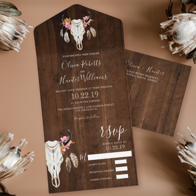 Boho Floral Antlers Skull Dark Wood Wedding All In One Invitation (Creator Uploaded)