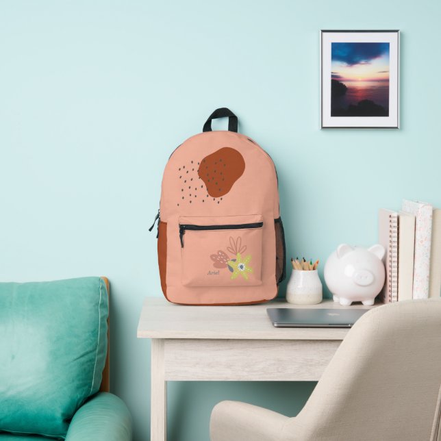Boho Floral Apricot Custom Name  Printed Backpack (Insitu)