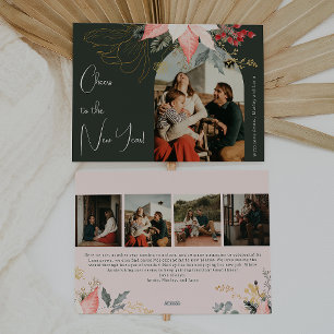 Boho Floral Arch Cheers to the New Year Five Photo Holiday Card