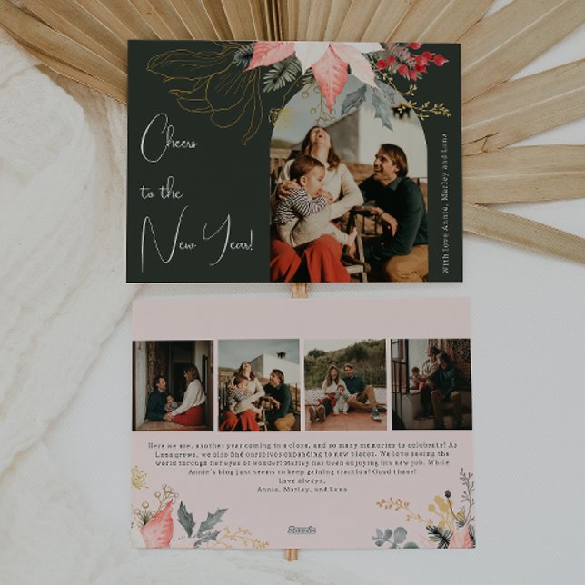 Boho Floral Arch Cheers to the New Year Five Photo Holiday Card (Creator Uploaded)