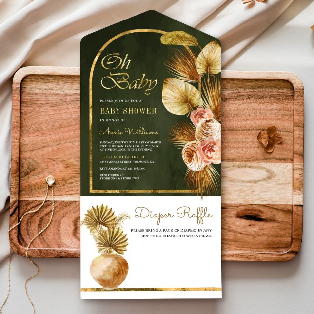 Boho Floral Arch Dried Palm Sage Green Baby Shower All In One Invitation (Creator Uploaded)
