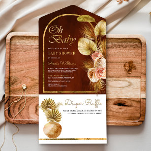 Boho Floral Arch Dried Palm Terracotta Baby Shower All In One Invitation